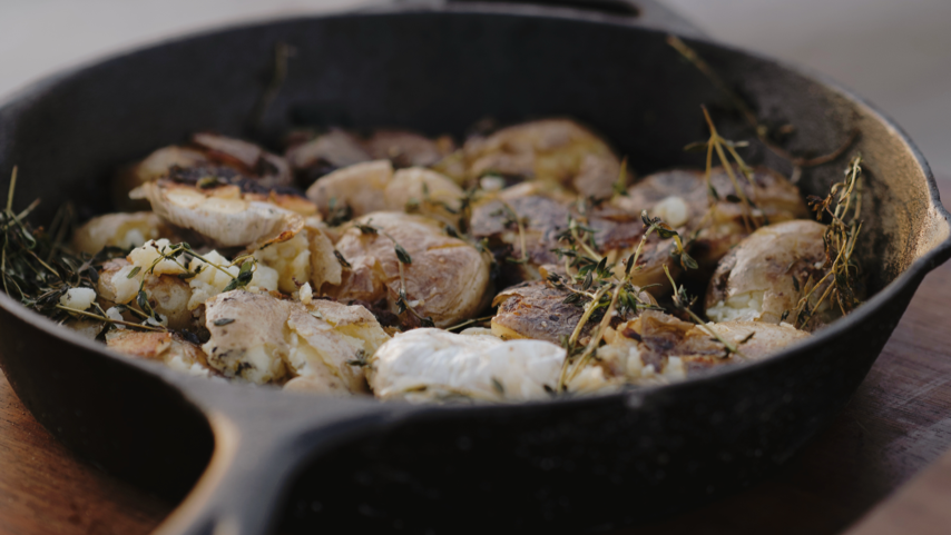Crispy Smashed Potatoes Cooked in Duck Fat